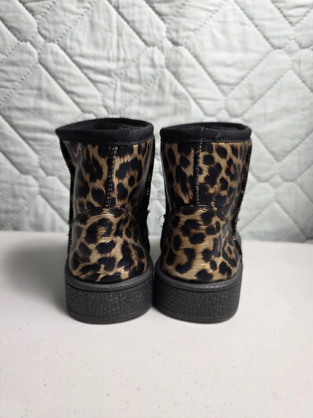 Kids Leopard Print Cozy Ankle Boots - Black Trim Sz 36